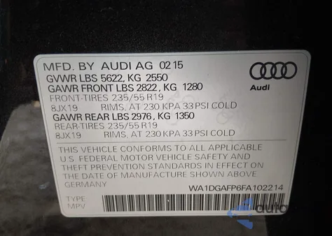 2015 Audi Q5 3.0T Premium Plus z USA, uszkodzony, nr VIN WA1DGAFP6FA102214